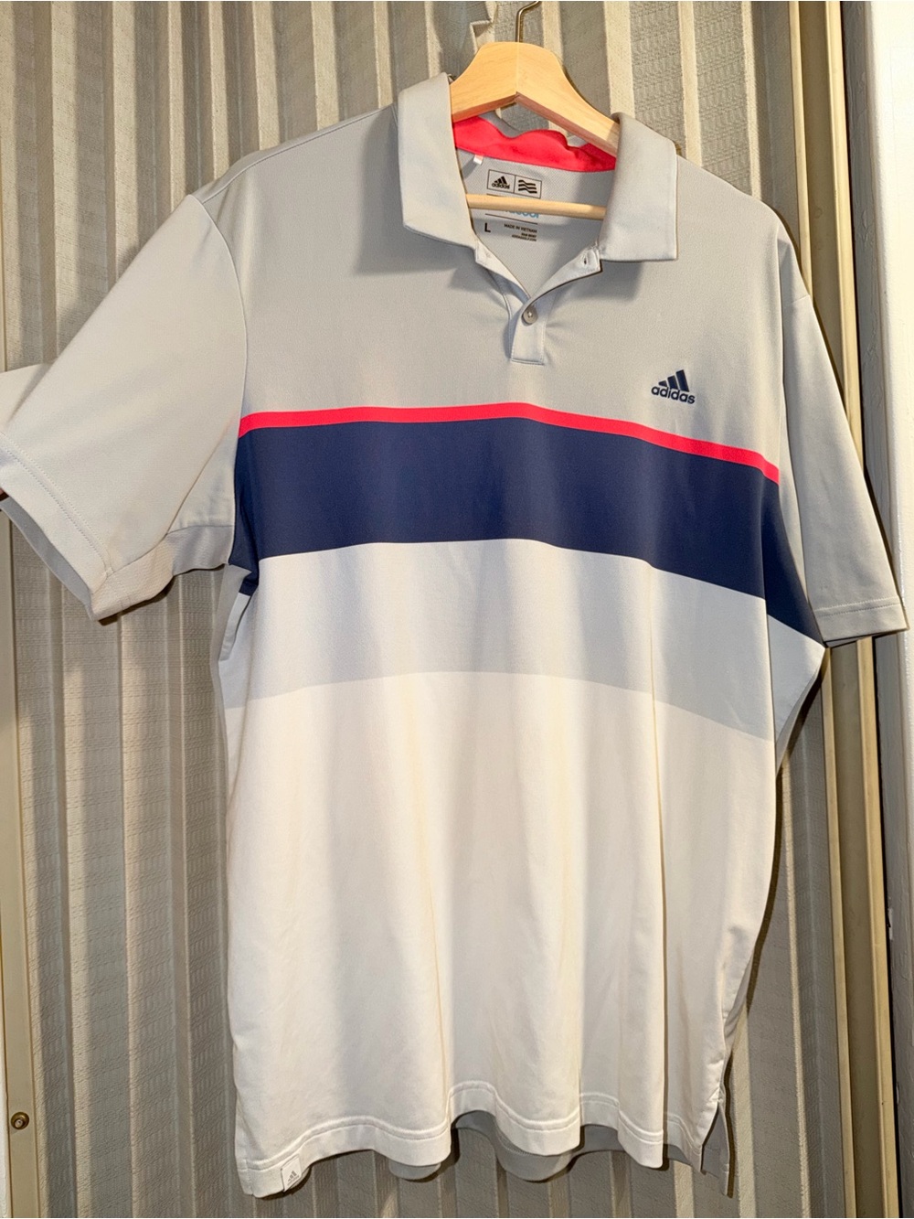 adidas Men’s Light Gray, White & Navy Polo with Pink Accent